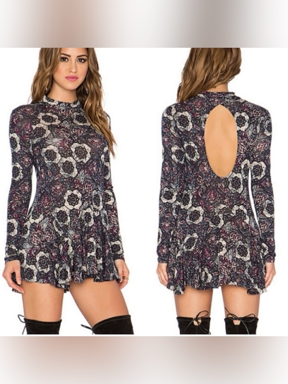 Free People Annabelle Tunic Mini Dress Womens XS Plum Open Back High Neck Boho